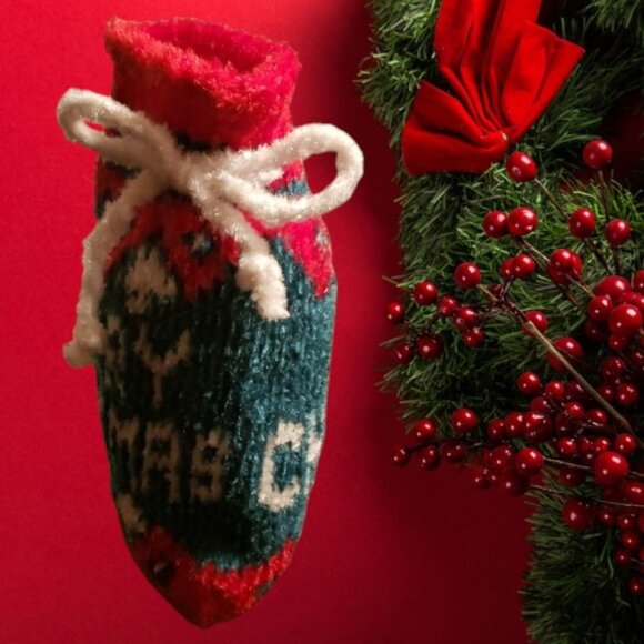 Festive Knitted Drawstring Christmas Stocking Bag     NWOT - Picture 3 of 4
